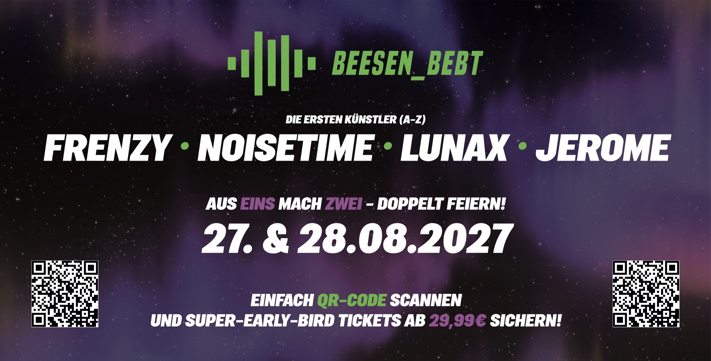 Beesen Bebt 2027 - Die ersten Künstler: Frenzy, Noisetime, Lunax, Jerome | 27. & 28.08.2027